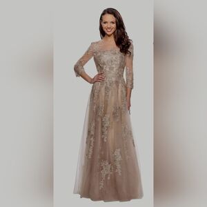 Champagne nude blush tulle illusion dress A- line gown 6 cy